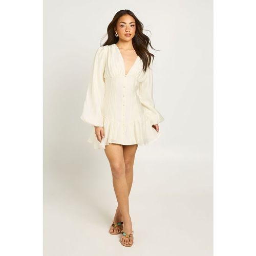 Boohoo Womens Textured Volume Sleeve Drop Hem Mini Dress - White