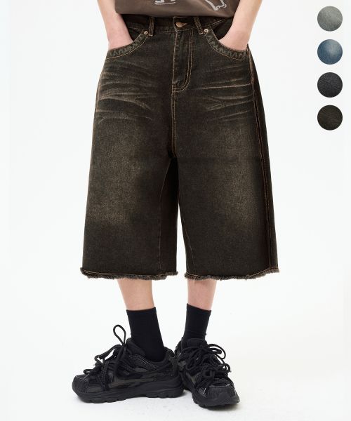 Rain Slub Two-tuck Bermuda Denim Shorts_INDIGO