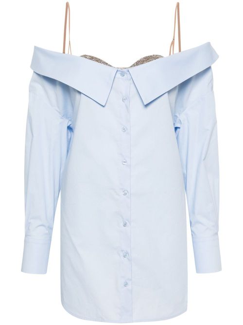 Rhinestoned V-nek poplin shirt - Blue