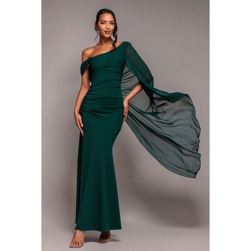 Goddiva One Shoulder Cape Scuba & Chiffon Maxi Dress - Emerald Green