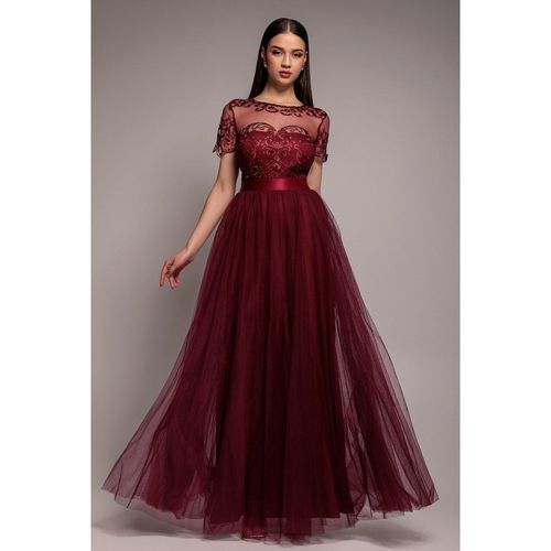 Goddiva Embroidered Mesh Maxi Dress - Burgundy