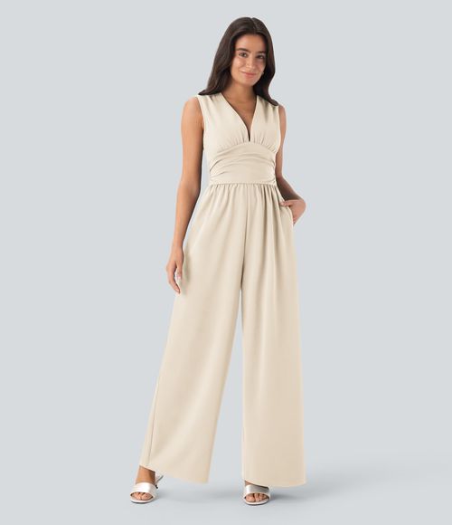 V Neck Sleeveless Ruched Pocket Jumpsuit-Easy Peezy  - Arctic Wolf