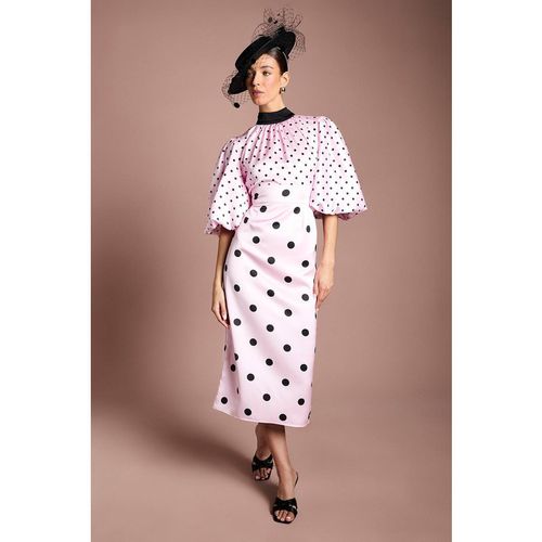 Coast Women's Lisa Tan Puff Sleeve High Neck Spot Satin Midi Dress in Pink
