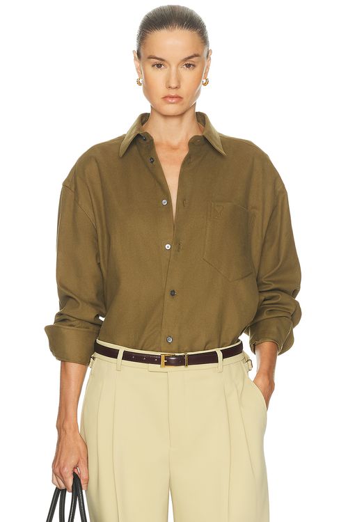 AMI Paris Boxy Button Up Top in Bronze - Olive. XS also in L