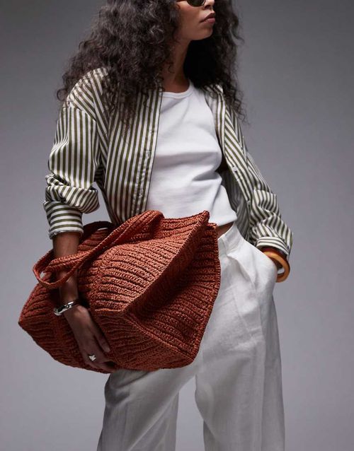Mango extra large raffia bag with zip thorugh lining in burnt orange