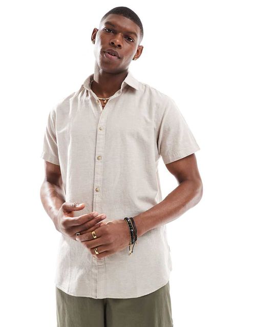 Short sleeve linen blend shirt in beige-Neutral