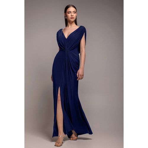 Goddiva Cowl Plunge Draped Mermaid Maxi Dress - Navy Blue