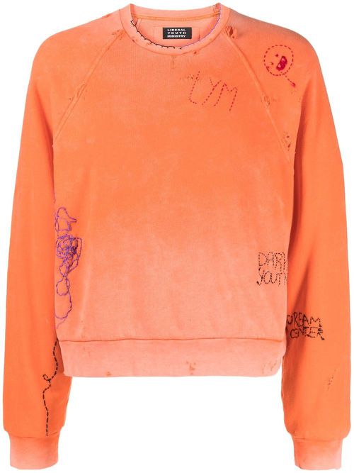 Distressed-effect embroidered sweatshirt - Orange