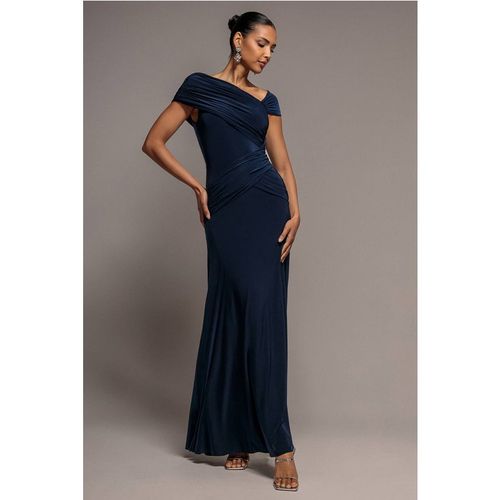 Goddiva Women's Asymmetric Neck Gathered Waist Maxi Dress in Navy