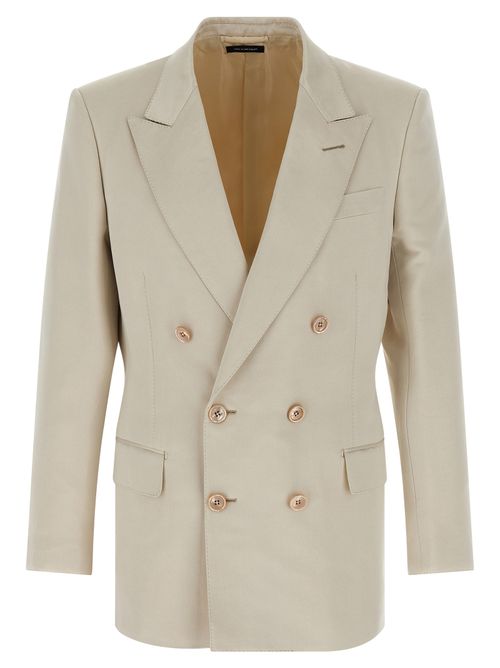 Double-Breasted Cotton-Silk Blazer — Beige