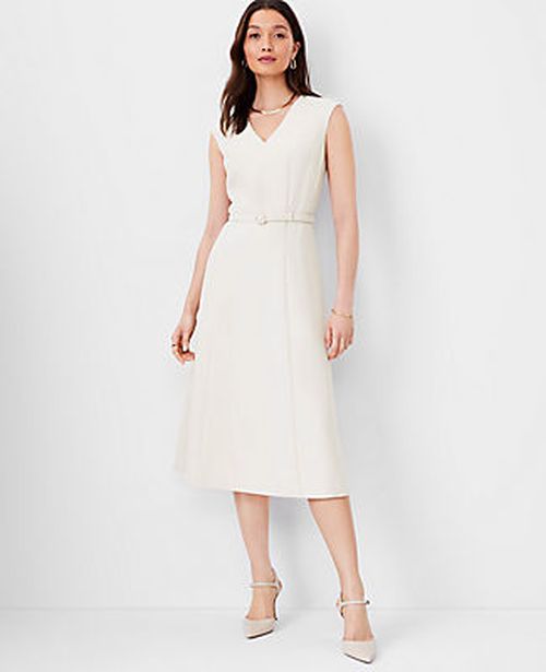 Ann Taylor The Petite Belted V-Neck Midi Dress in Fluid Crepe