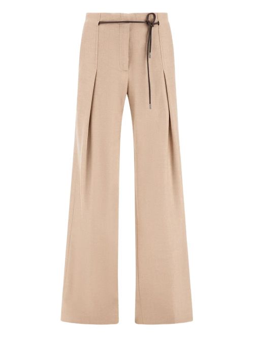 Belted High-Waist Pleated Trousers — Beige