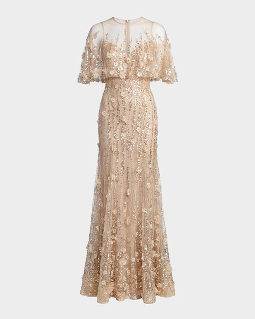 Beaded Chiffon Lace Cape Trumpet Gown