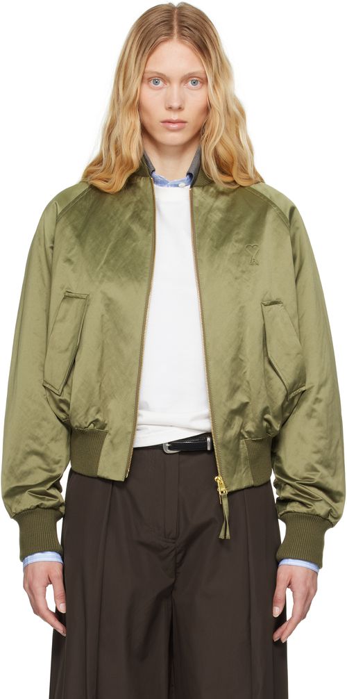 AMI Paris Green Cotton Satin Ami de Coeur Bomber Jacket