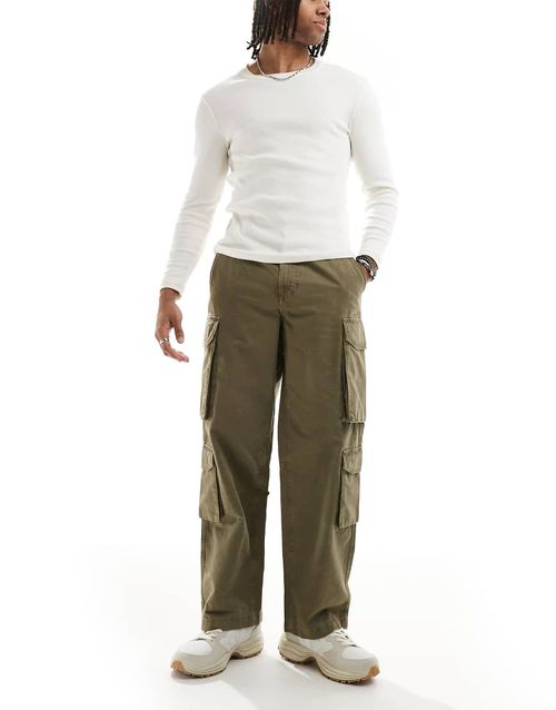 River Island loose leg cargo pants dark khaki-Green