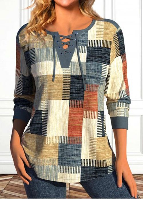 Modlily Multi Color Lace Up Geometric Print T Shirt
