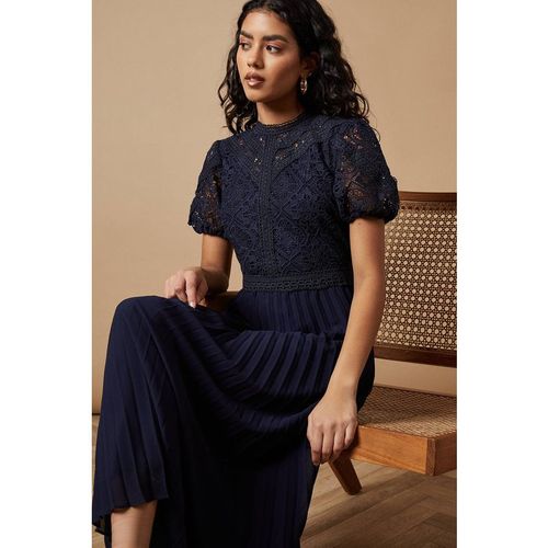 Oasis Women's Petite Lace Puff Sleeve Pleated Midi Dress in Navy