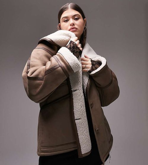 Topshop Curve faux shearling oversized car coat in mink and cream-Multi