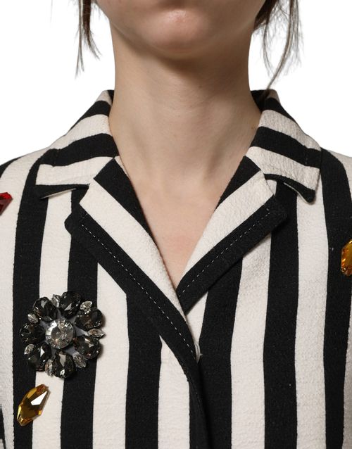 Crystal-Embellished Striped Canvas Blazer — Black