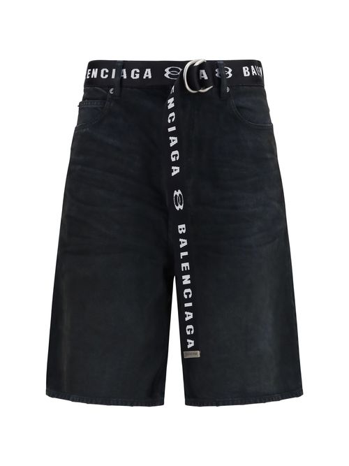 Belted Logo-Jacquard Denim Bermuda Shorts — Black