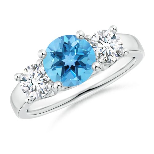 Angara 1.55 Carats Classic Round Swiss Blue Topaz and Diamond Three Stone Ring in Platinum