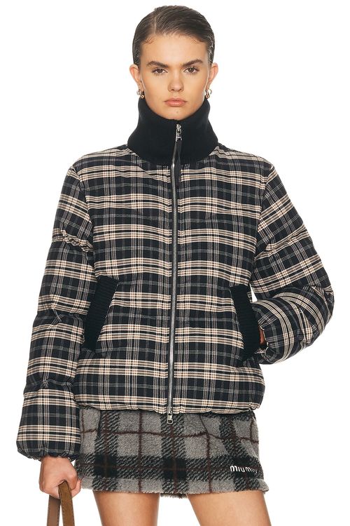 Varley Bryony Short Puffer Jacket in Navy Check - Black,Brown. S also in XS