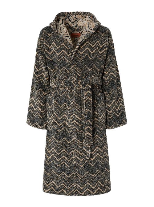 Chevron-Patterned Hooded Bathrobe — Charcoal