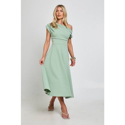 Boohoo Women's Crepe Asym Neck Skater Midi Dress in Sage