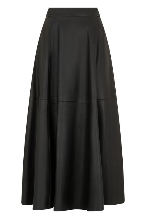Pleated A-Line Leather Skirt — Black