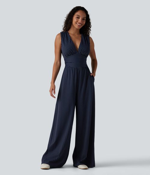 V Neck Sleeveless Ruched Stripes Work Jumpsuit with Pockets-Easy Peezy  - Navy Pinstripe
