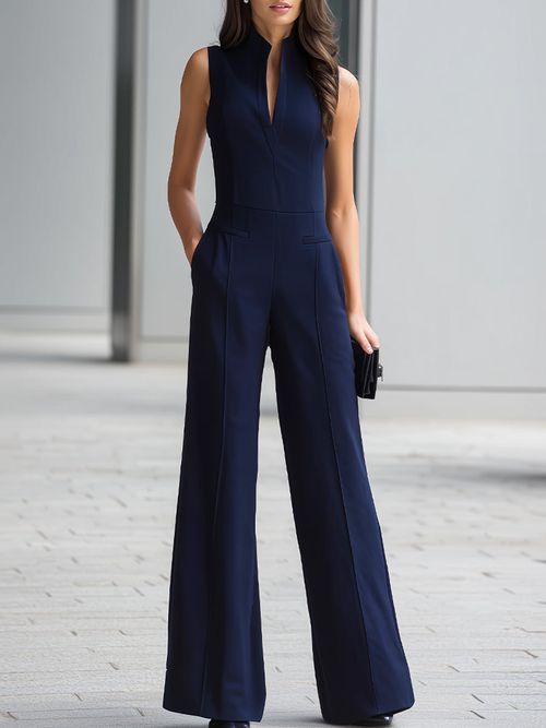 Navy Sleeveless Plunge-Neck Wide-Leg Jumpsuit - Navy Blue