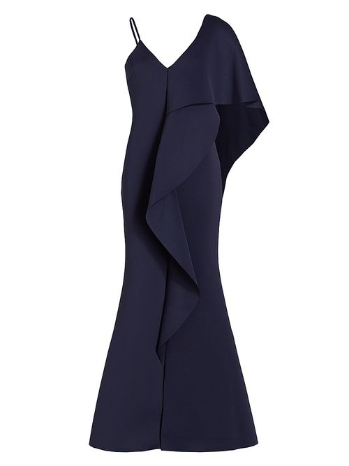 Women's Asymmetrical Neoprene Ruffle Gown - Navy