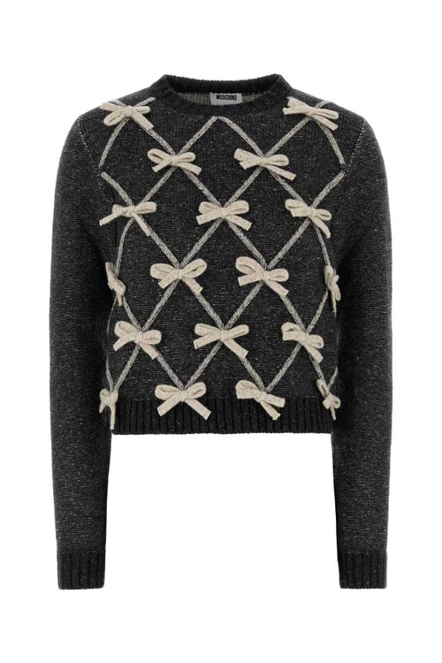 Bow-Embroidered Wool Blend Sweater — Gray