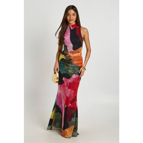 Boohoo Women's Bright Floral Ruched Bodice Open Back Maxi Dress in Black