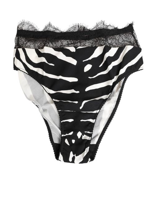 Zebra-Print Silk with Lace Trim Briefs — Black