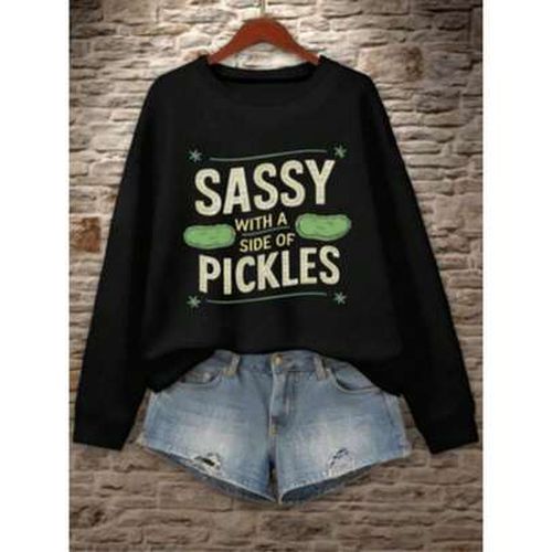 Women'S Funny Pickle Graphic Sweatshirt - "Sassy With A Side Of Pickles" Slogan, Black Round Neck Long Sleeve Pullover, Casual Everyday & Halloween Ou