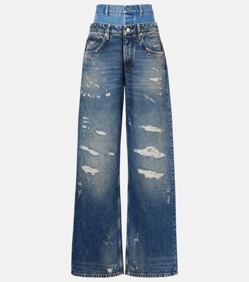 Distressed layered high-rise wide-leg jeans