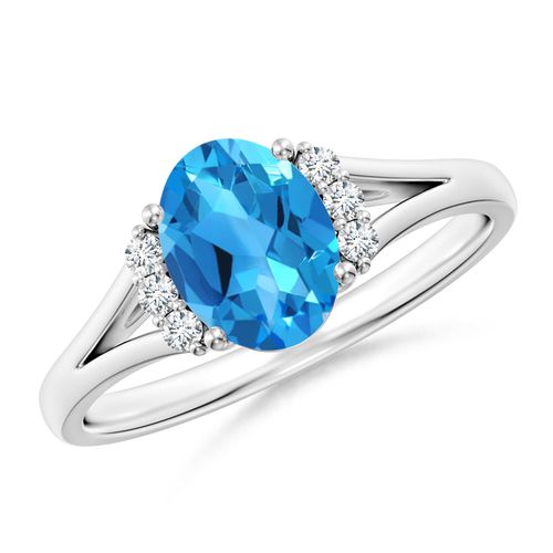 Angara 1.5 Carats Oval Swiss Blue Topaz with Round Diamond Collar Ring in Platinum