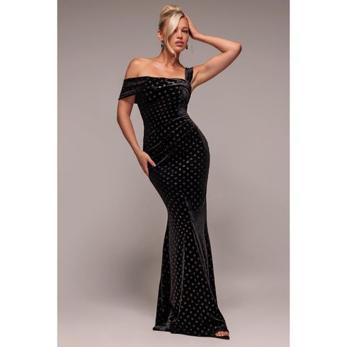 Goddiva Glitter Polka Dot Velvet One Shoulder Maxi Dress - Black