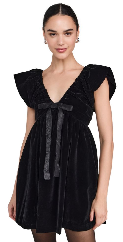 Velvet Satin Bow Mini Dress Black