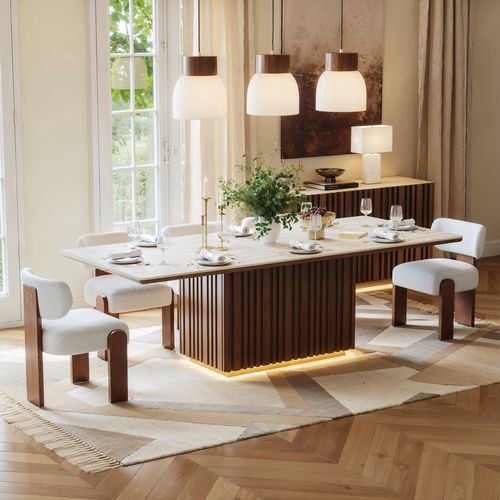 214cm Faux Travertine Rectangular Dining Table with Sintered Stone Top, seat