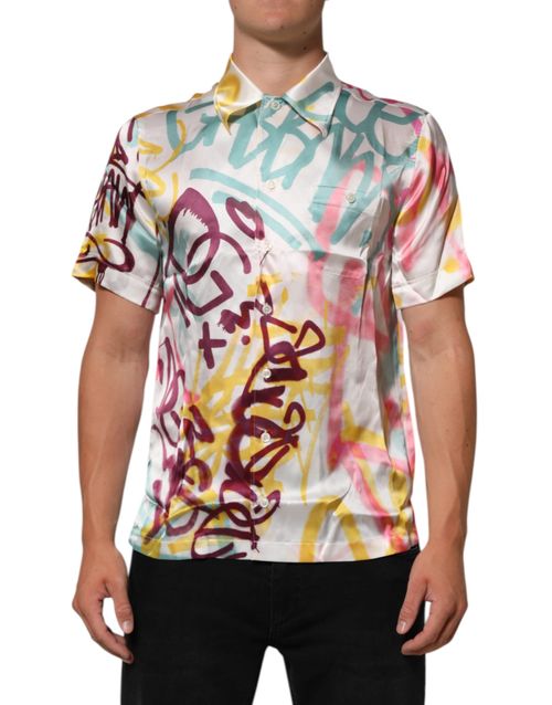 Silk Graffiti-Print Hawaiian Shirt — White