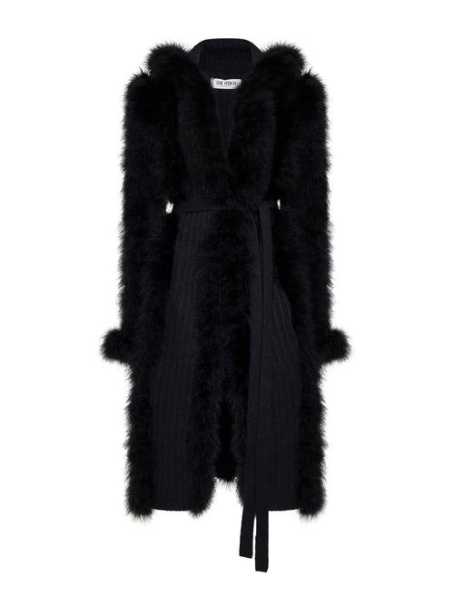 Feather-Trimmed Alpaca Knit Cardigan — Black