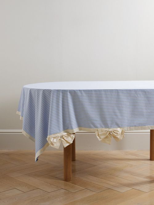 Bow And Button-detailed Striped Cotton-blend Tablecloth - Blue
