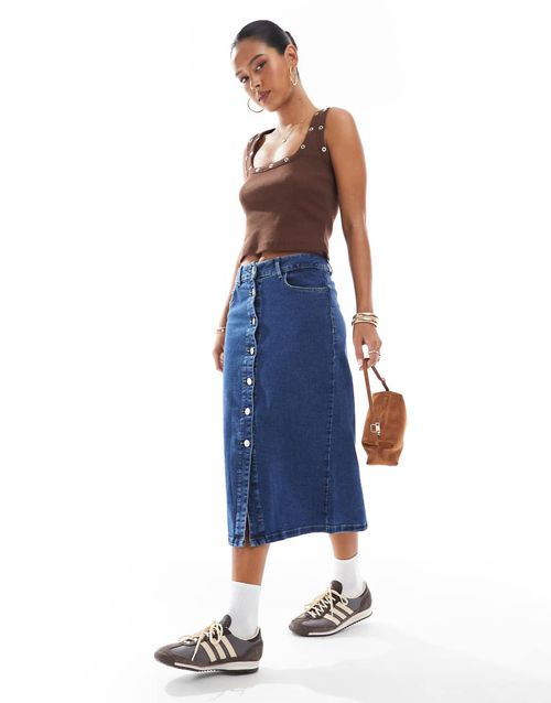 Vero Moda button front midi denim skirt in dark blue wash