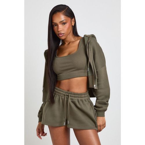 Boohoo Womens Petite Deep Hem 3 Piece Crop Zip Through Short Tracksuit - Green Cotton - Mediu