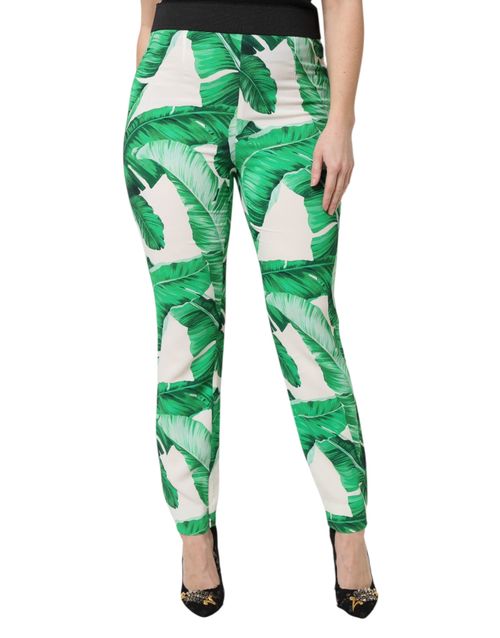 Green Leaf-Print Viscose Trousers — White