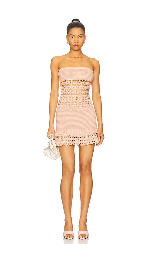 Retrofete Vali Crochet Pearl Embellished Dress in Peach.  XL. Also in