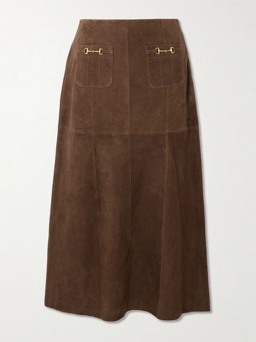 Edwina Embellished Paneled Suede Midi Skirt - Brown