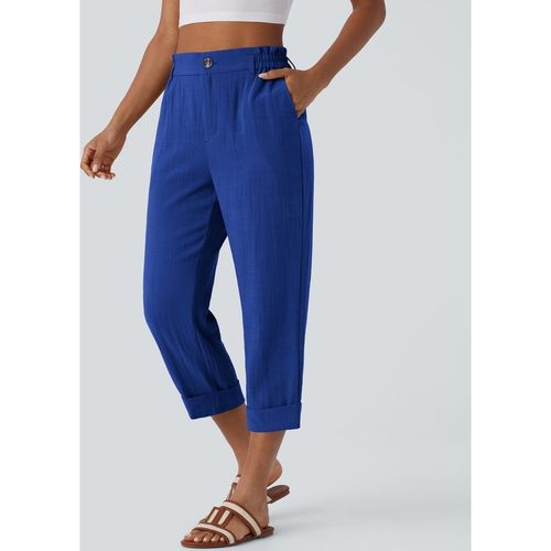 Halara High Waisted Zipper Pocket Cropped Linen-Feel Trousers - Surf the Web - XSregular